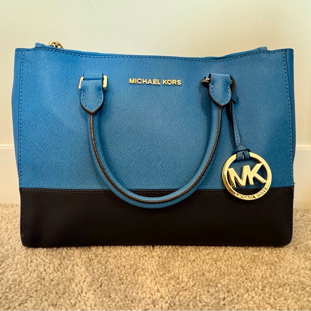 Michael Kors Two Toned Blue Leather Handbag with Gold Accents